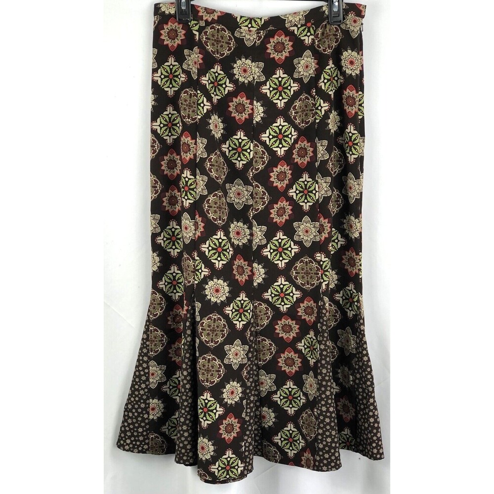 Vintage maxi trumpet flare skirt 10 brown Geo Pleats cottage Hippie Boho Grunge